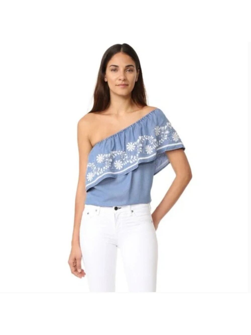 NEW Rebecca Minkoff One Shoulder Embroidered Blue Chambray Top Boho Summer